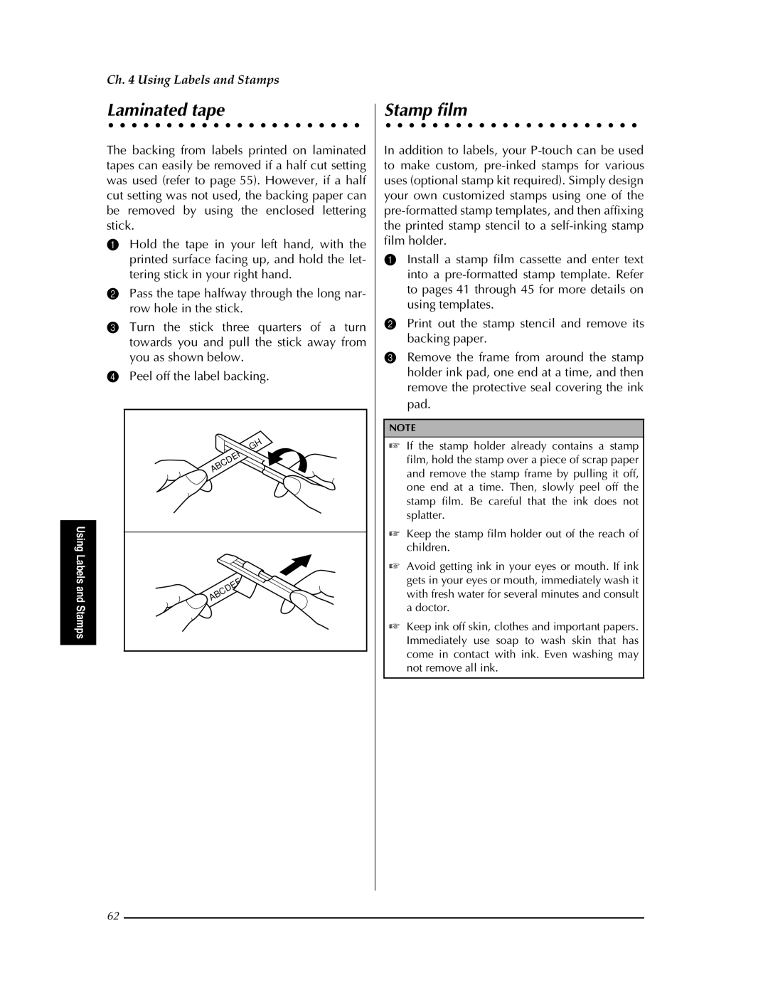 Brother PT-9400 manual Laminated tape, Stamp film 