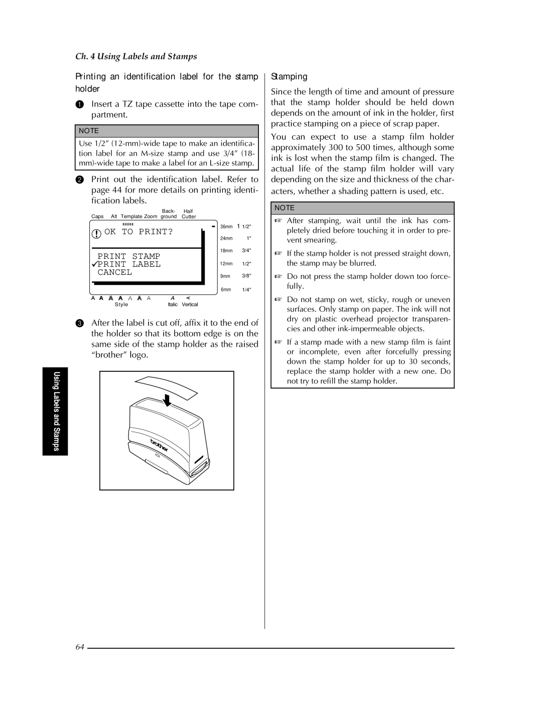 Brother PT-9400 manual Printing an identification label for the stamp holder, Stamping 