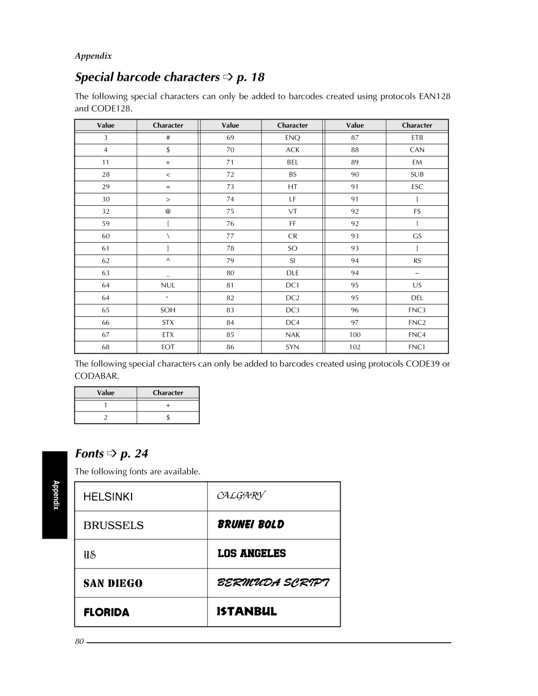 Brother PT-9400 manual Special barcode characters p, Fonts p, Following fonts are available 