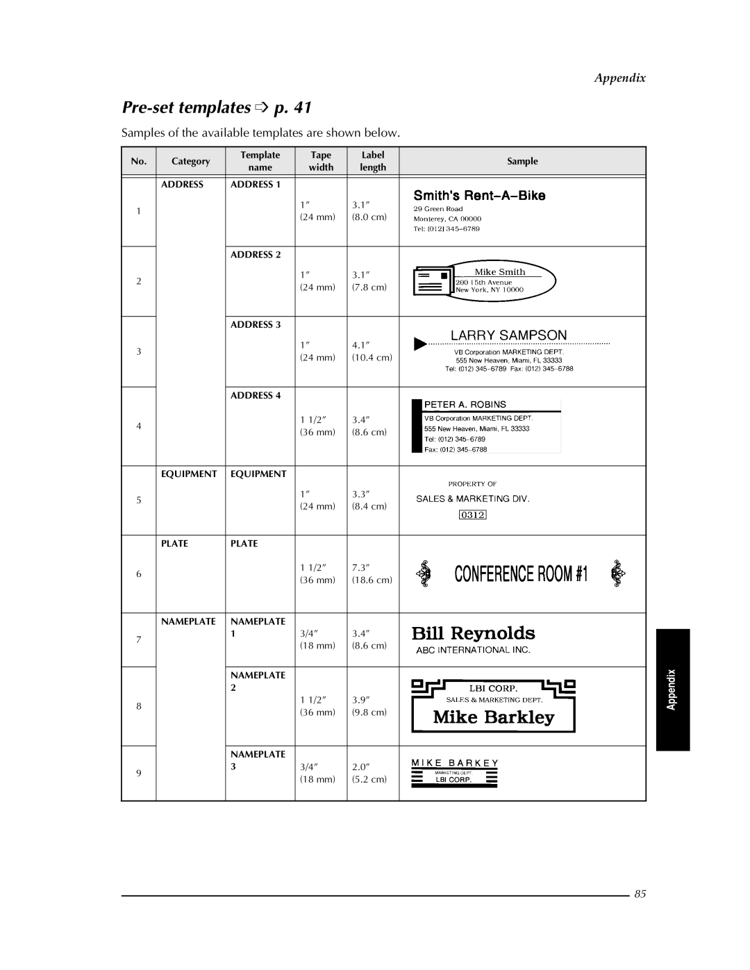 Brother PT-9400 manual Pre-set templates p, Samples of the available templates are shown below 