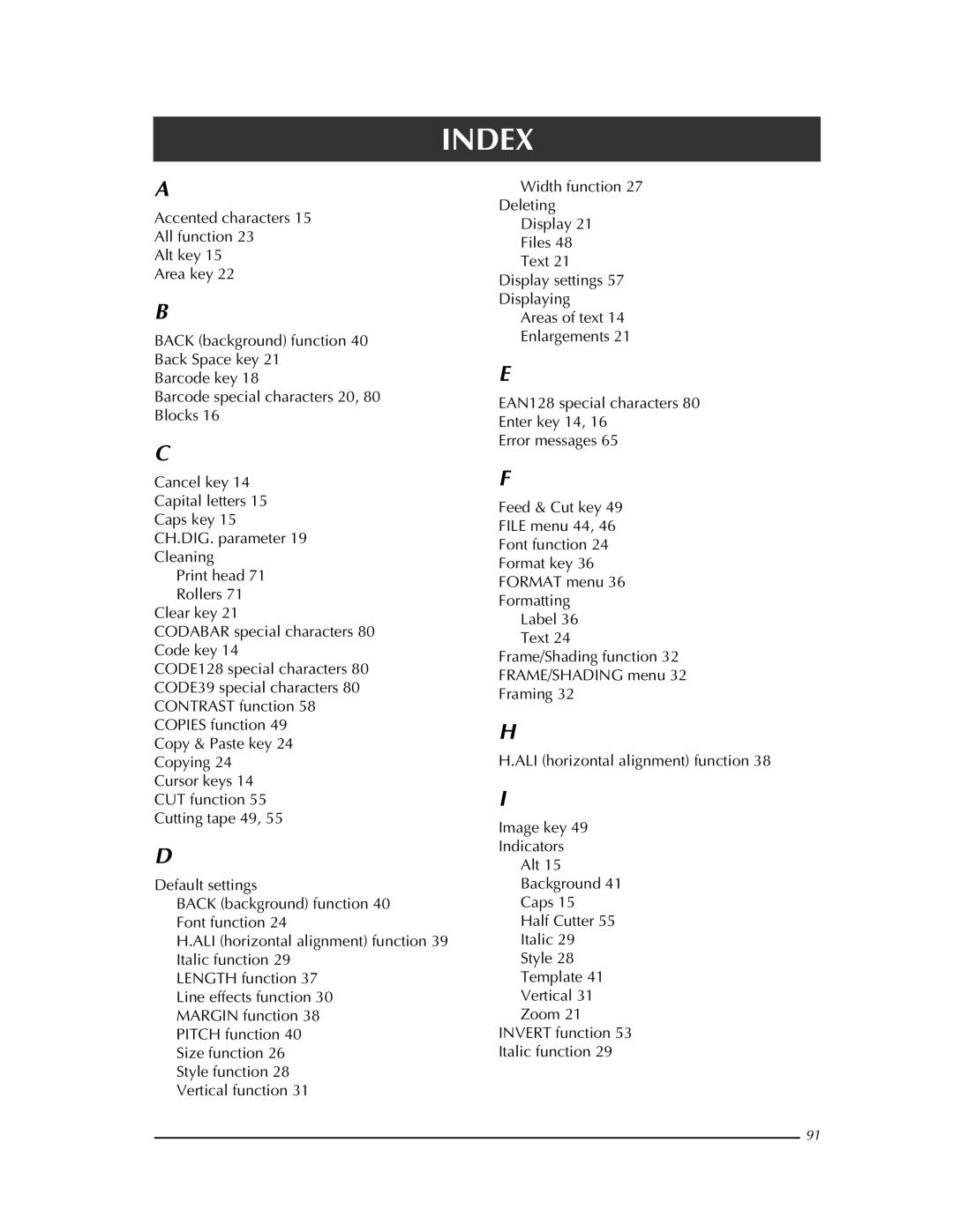 Brother PT-9400 manual Index 