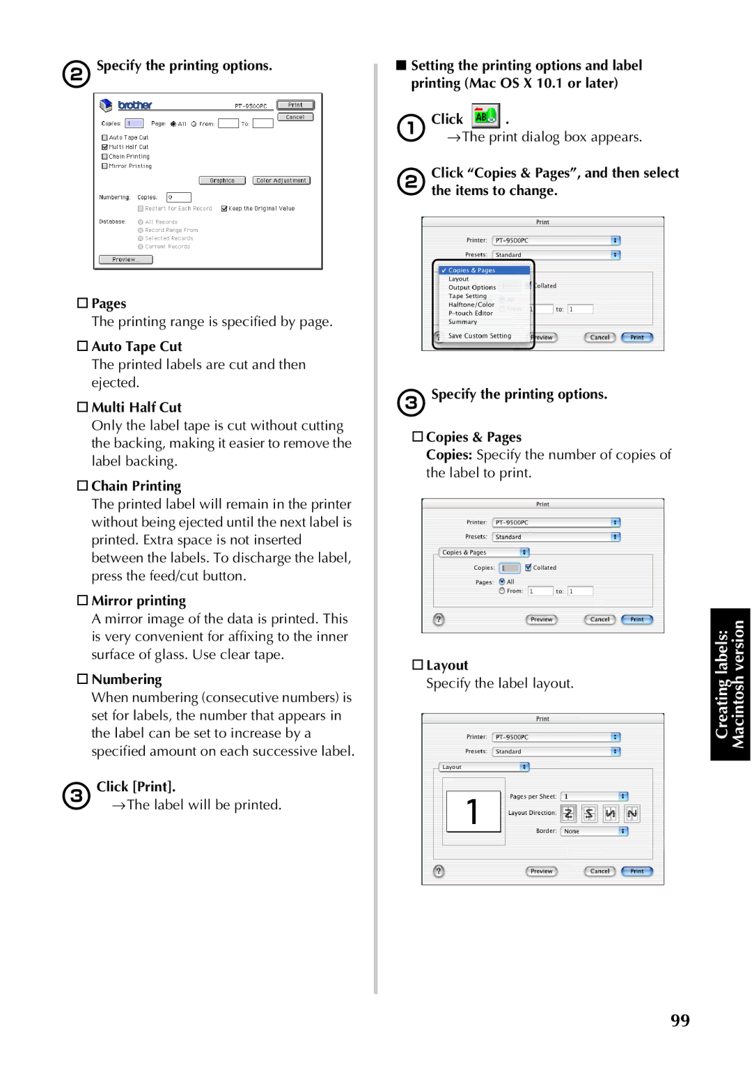 Brother PT-9500PC manual Specify the printing options Pages, Auto Tape Cut, Multi Half Cut, Numbering, Layout 