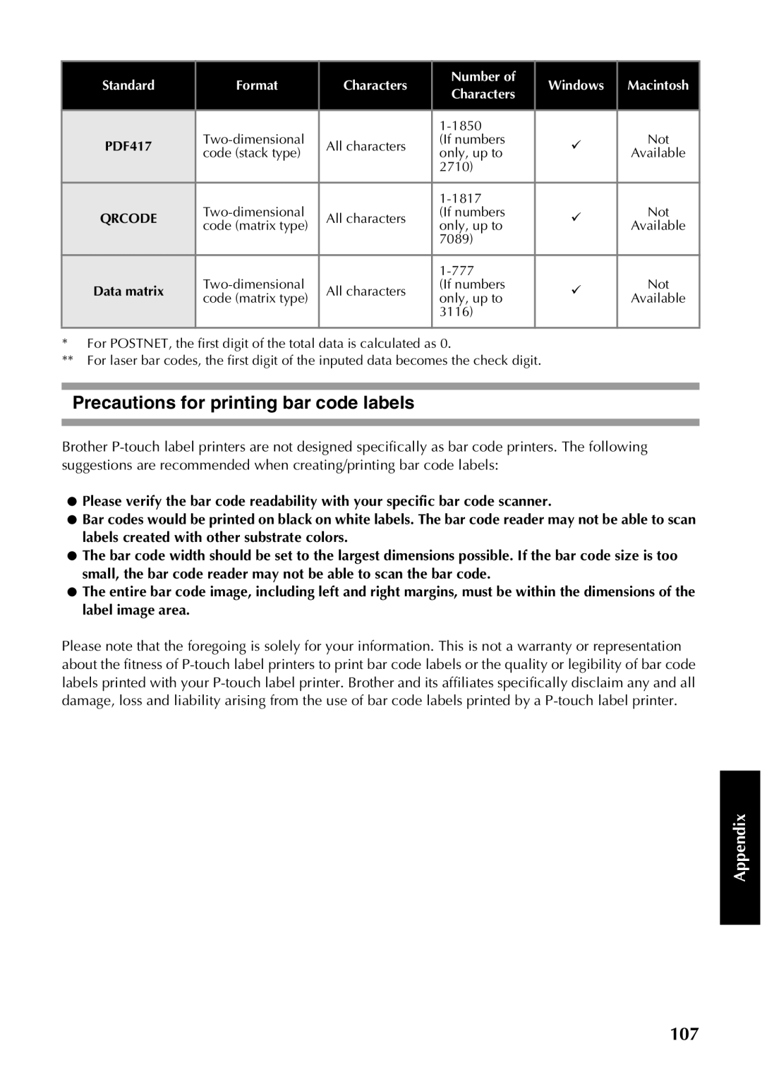 Brother PT-9500PC manual Precautions for printing bar code labels 