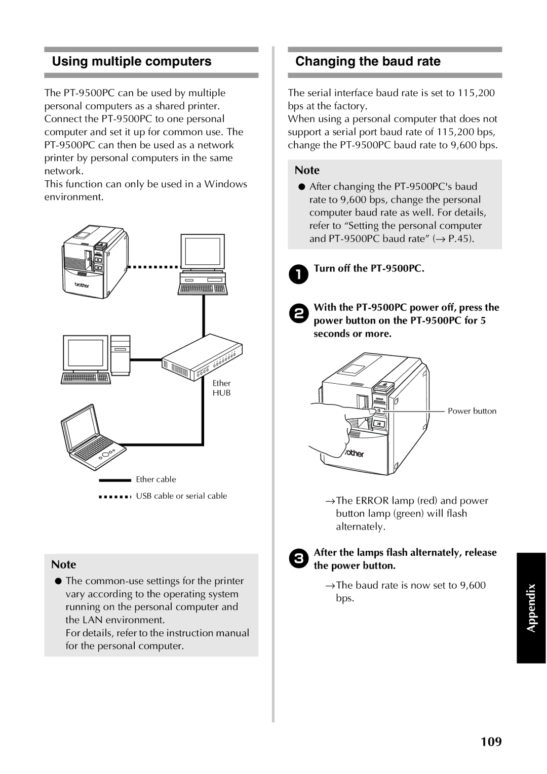 Brother PT-9500PC manual Using multiple computers, Changing the baud rate, Bps 