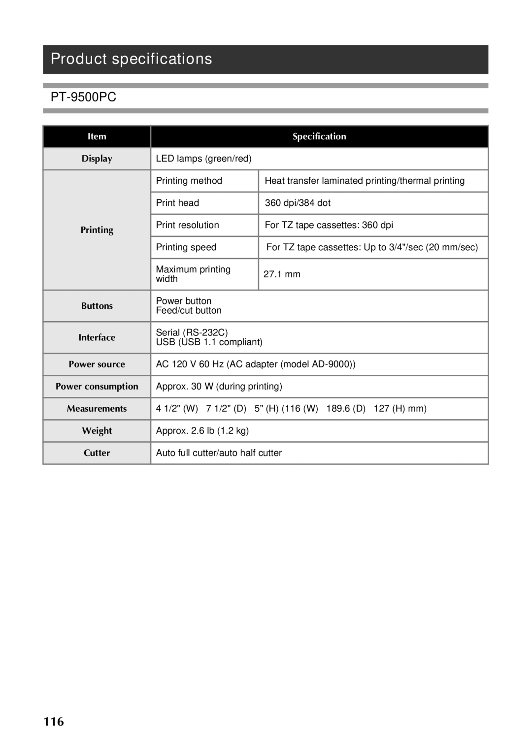 Brother PT-9500PC manual Product specifications, Specification 