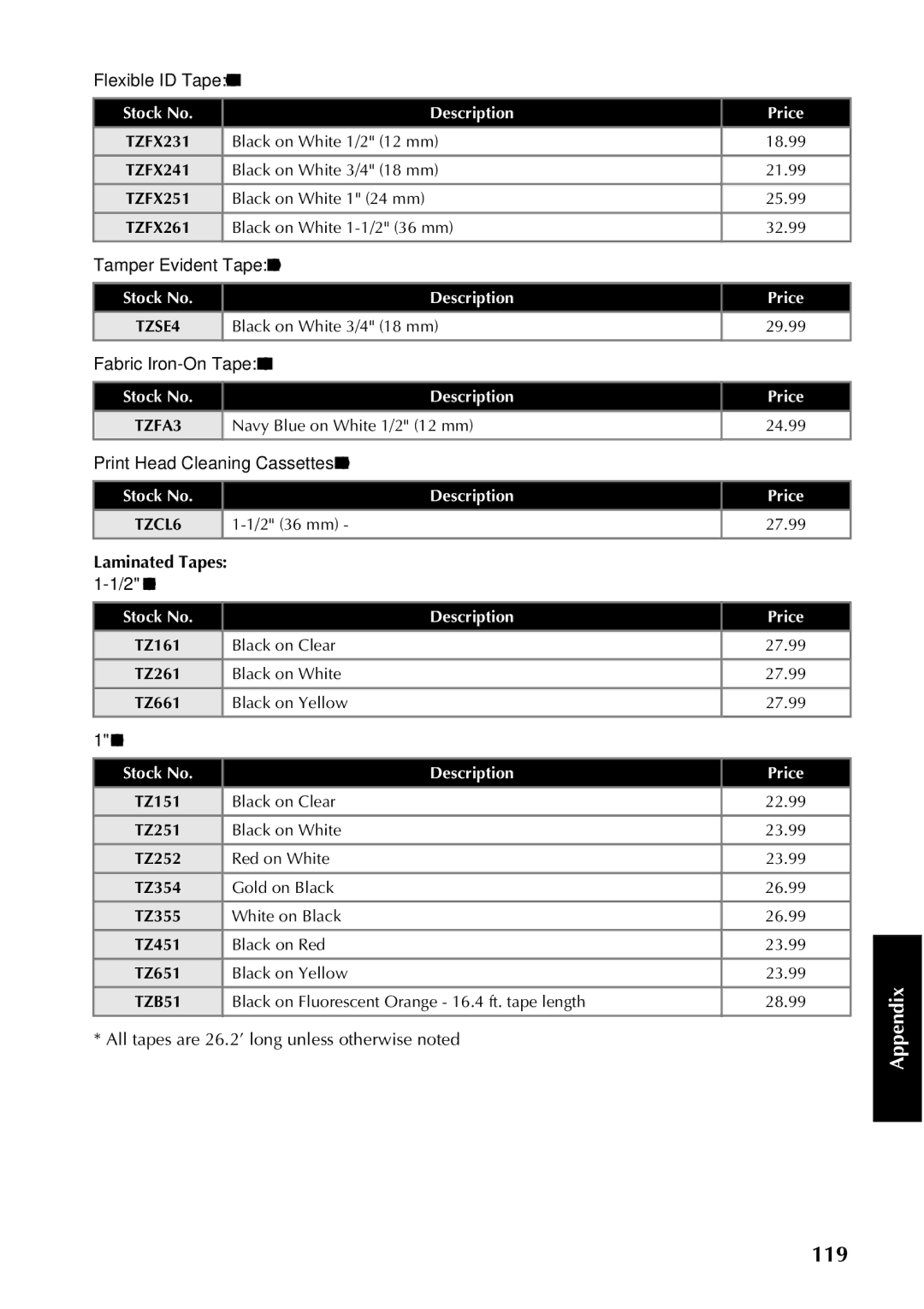 Brother PT-9500PC manual Laminated Tapes, Stock No Description 