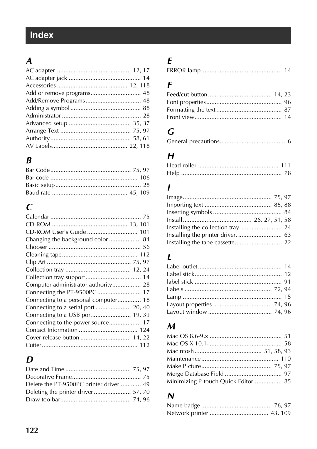 Brother PT-9500PC manual Index 