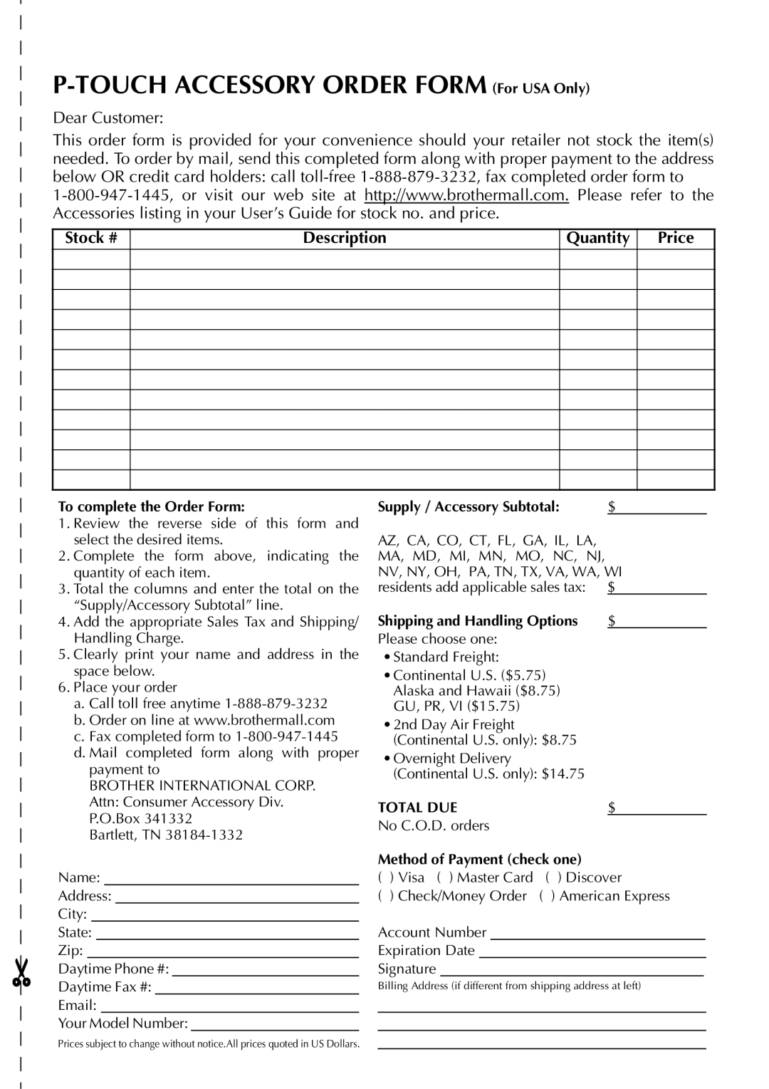 Brother PT-9500PC manual Touch Accessory Order Form For USA Only 