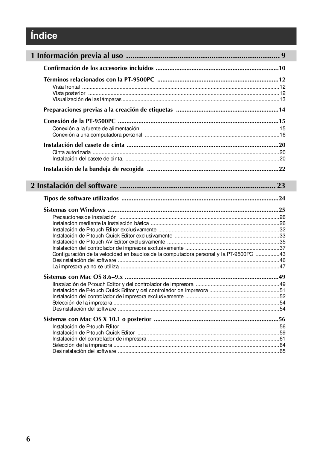 Brother PT-9500PC manual Índice, Información previa al uso 