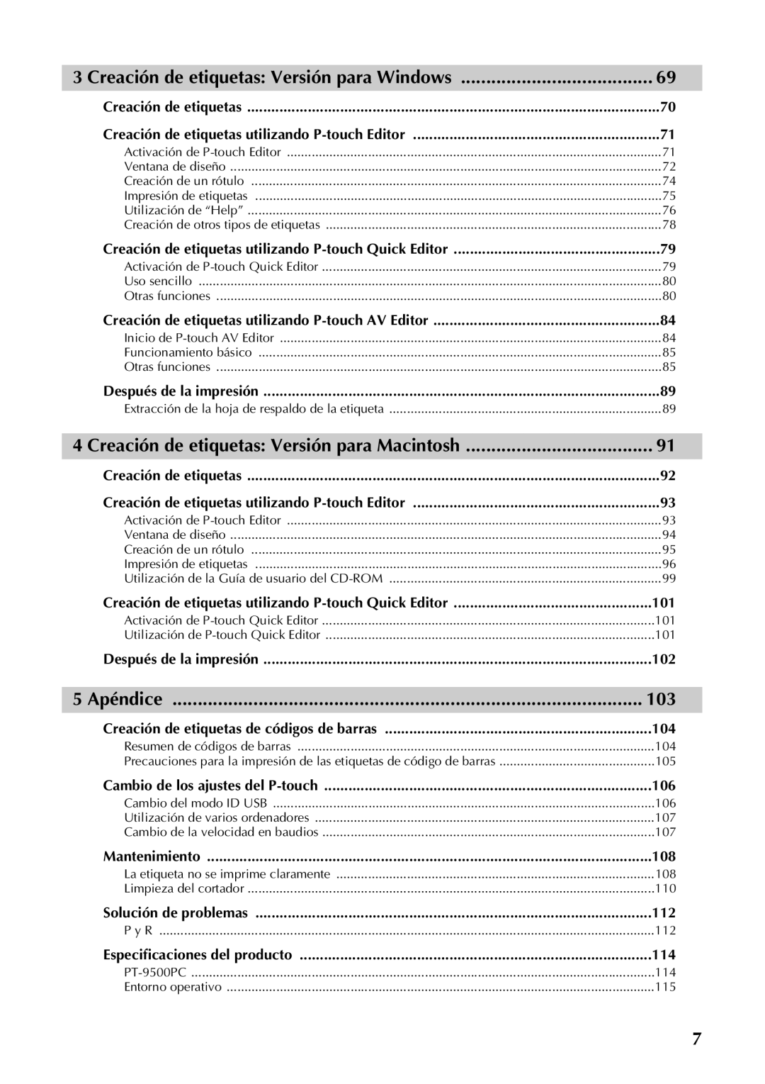 Brother PT-9500PC manual 101, 102, 112 