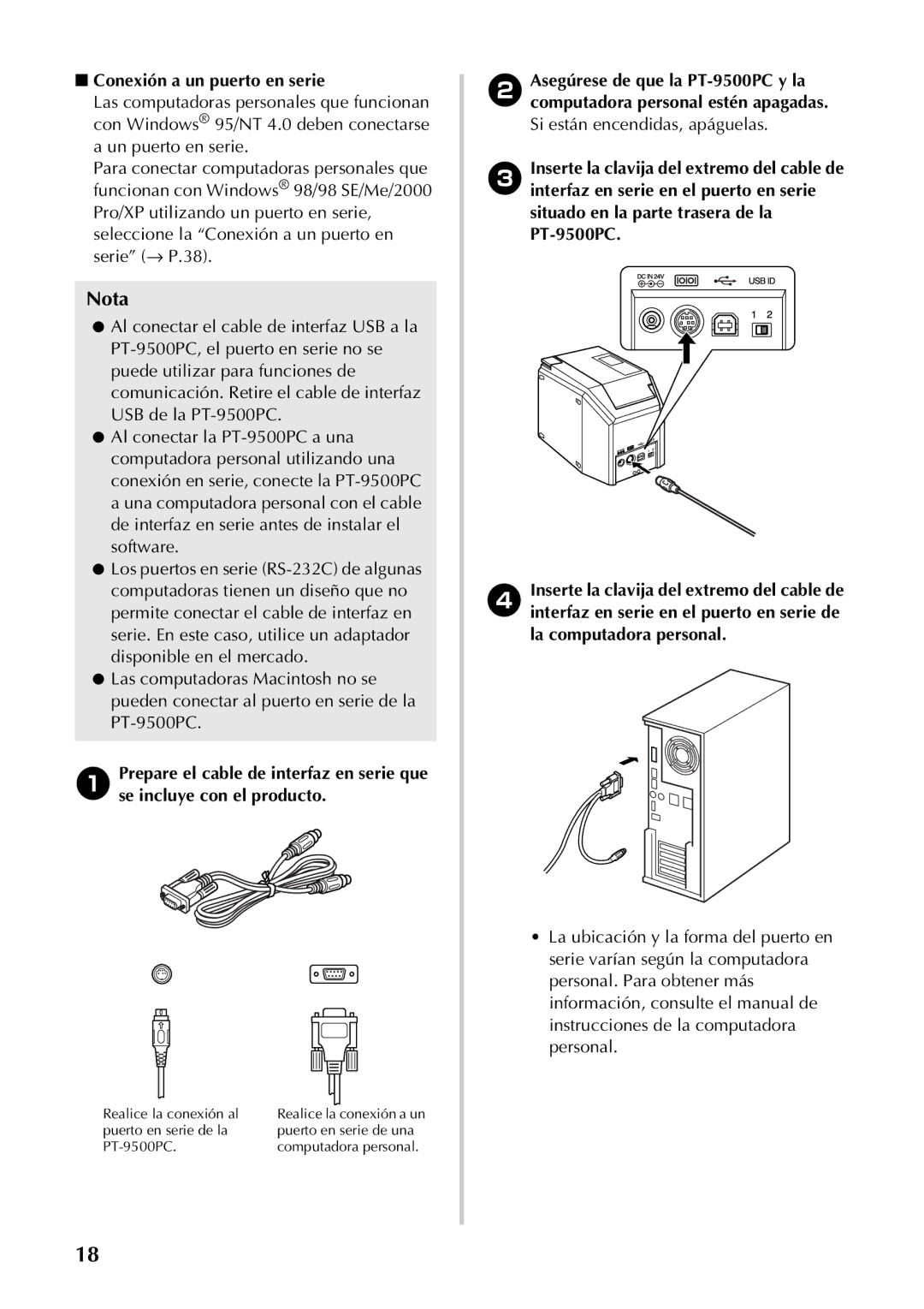 Brother PT-9500PC manual Seleccione la Conexión a un puerto en serie → P.38 