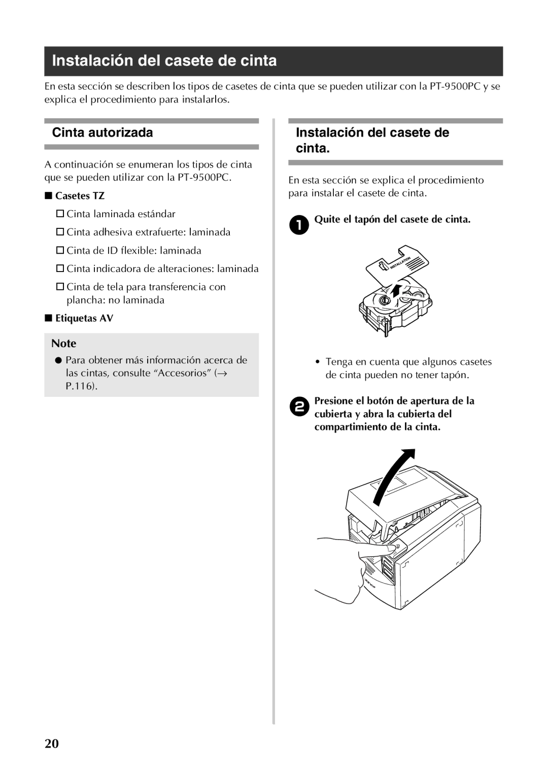 Brother PT-9500PC manual Instalación del casete de cinta, Cinta autorizada 