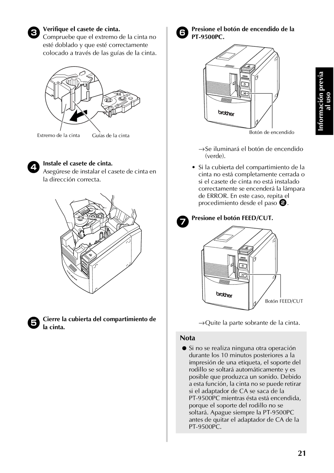 Brother PT-9500PC Verifique el casete de cinta, Instale el casete de cinta, → Se iluminará el botón de encendido verde 