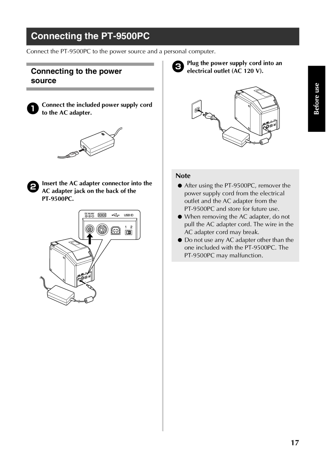 Brother manual Connecting the PT-9500PC, Connecting to the power source 