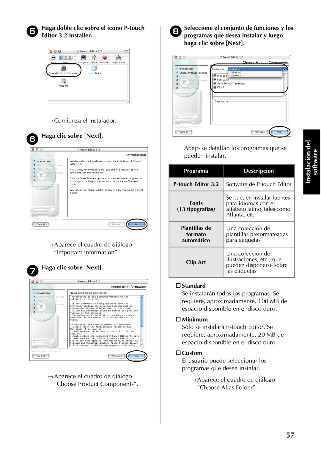 Brother PT-9500PC manual →Aparece el cuadro de diálogo Choose Product Components, Standard, Minimum 