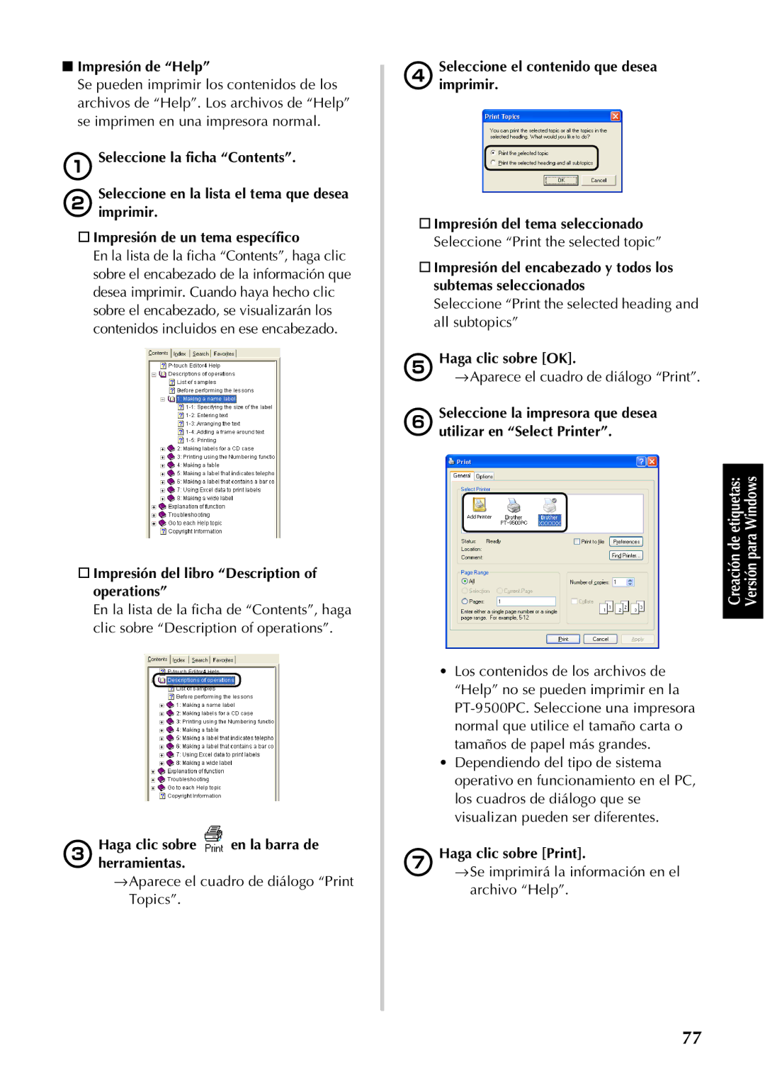 Brother PT-9500PC manual Impresión de Help, Seleccione la ficha Contents, Impresión de un tema específico 