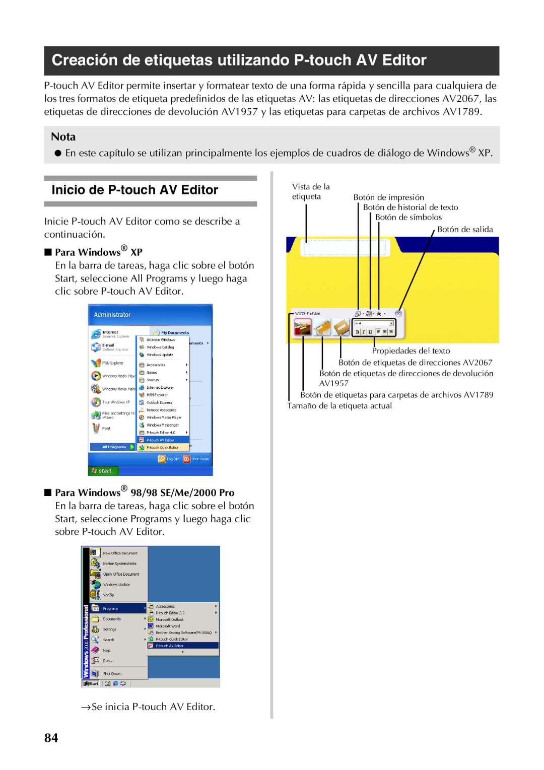 Brother PT-9500PC manual Creación de etiquetas utilizando P-touch AV Editor, Inicio de P-touch AV Editor 