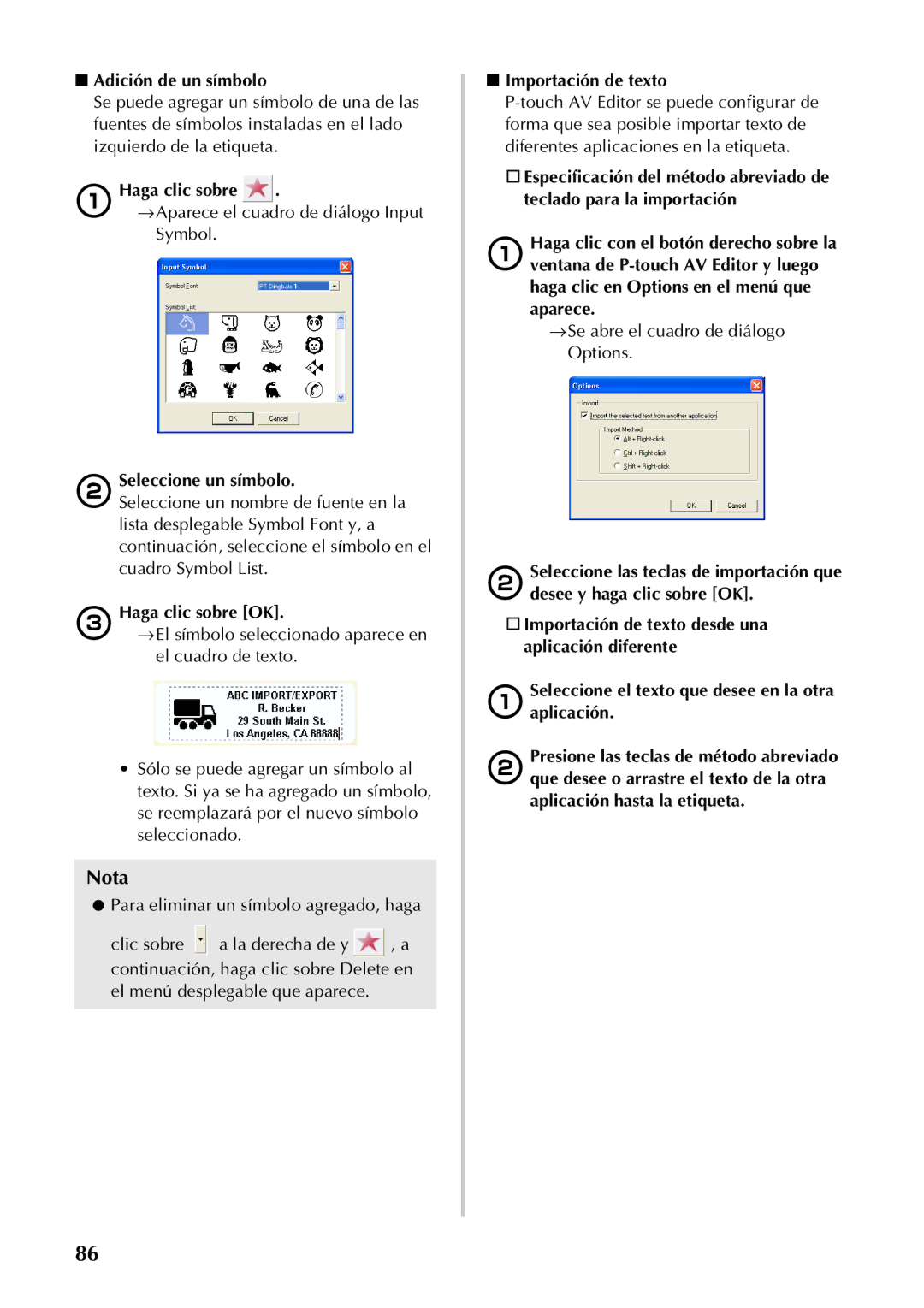 Brother PT-9500PC manual Adición de un símbolo, →Aparece el cuadro de diálogo Input Symbol, Importación de texto 