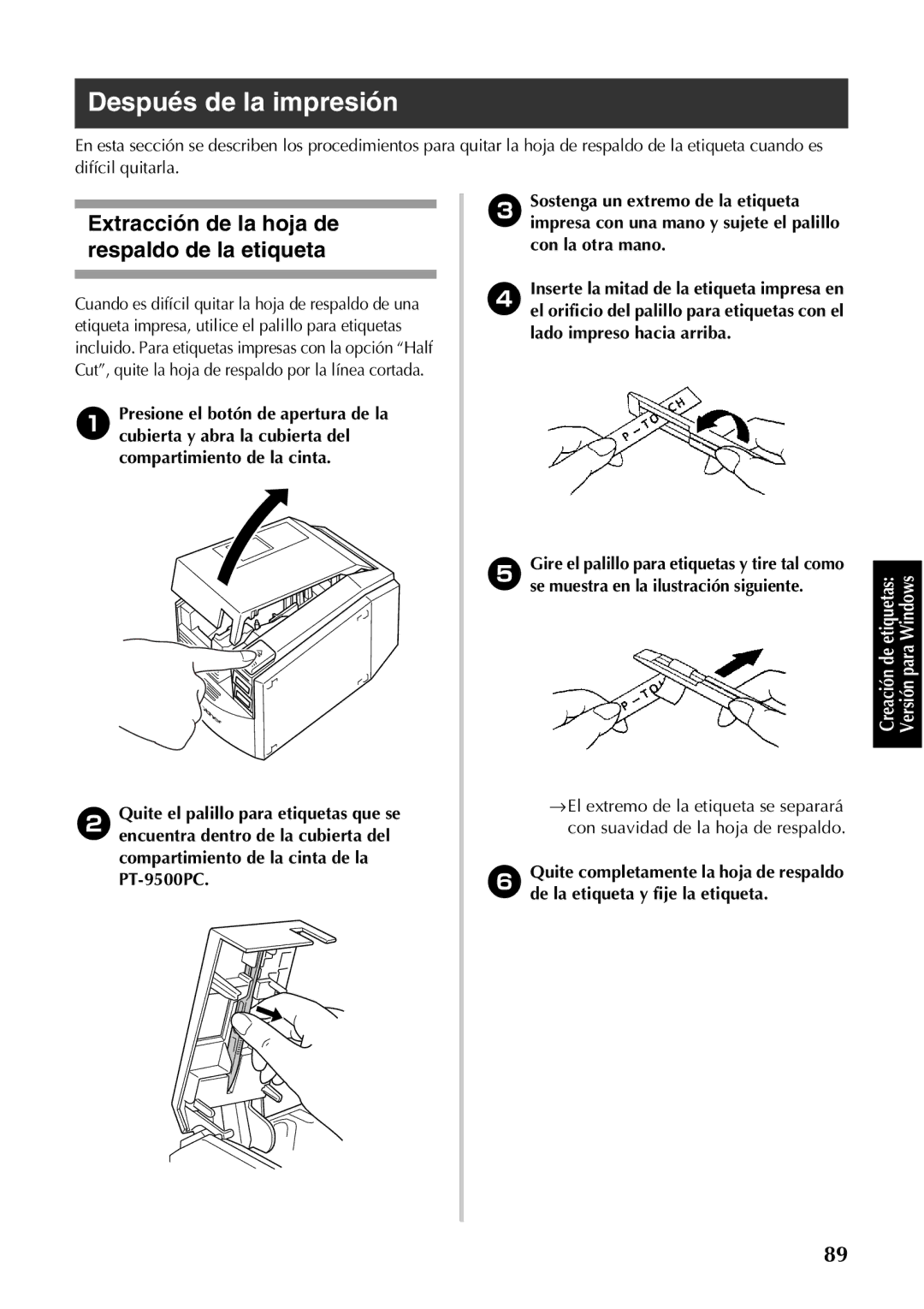 Brother PT-9500PC manual Después de la impresión, Extracción de la hoja de respaldo de la etiqueta 