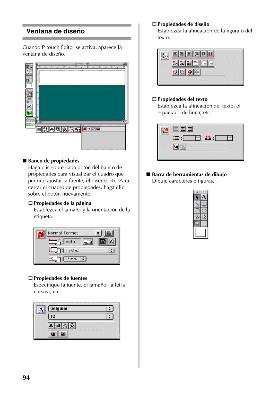 Brother PT-9500PC Propiedades de fuentes, Especifique la fuente, el tamaño, la letra cursiva, etc, Propiedades del texto 