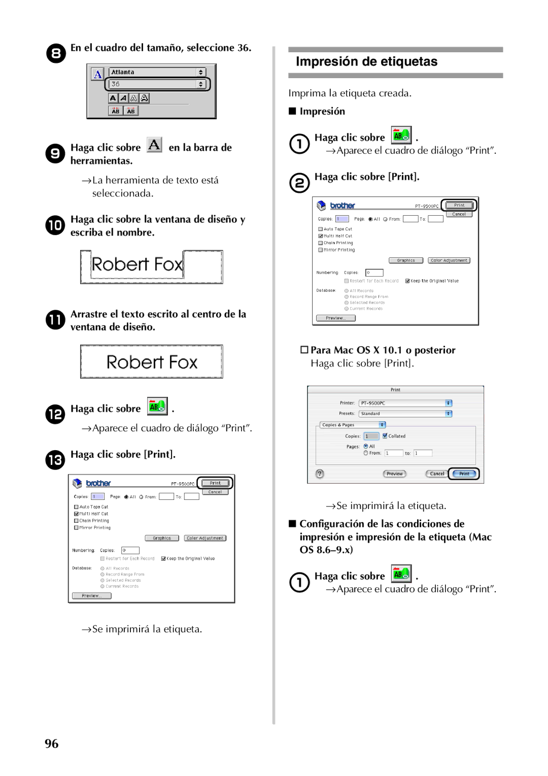 Brother PT-9500PC manual →La herramienta de texto está seleccionada, Imprima la etiqueta creada 