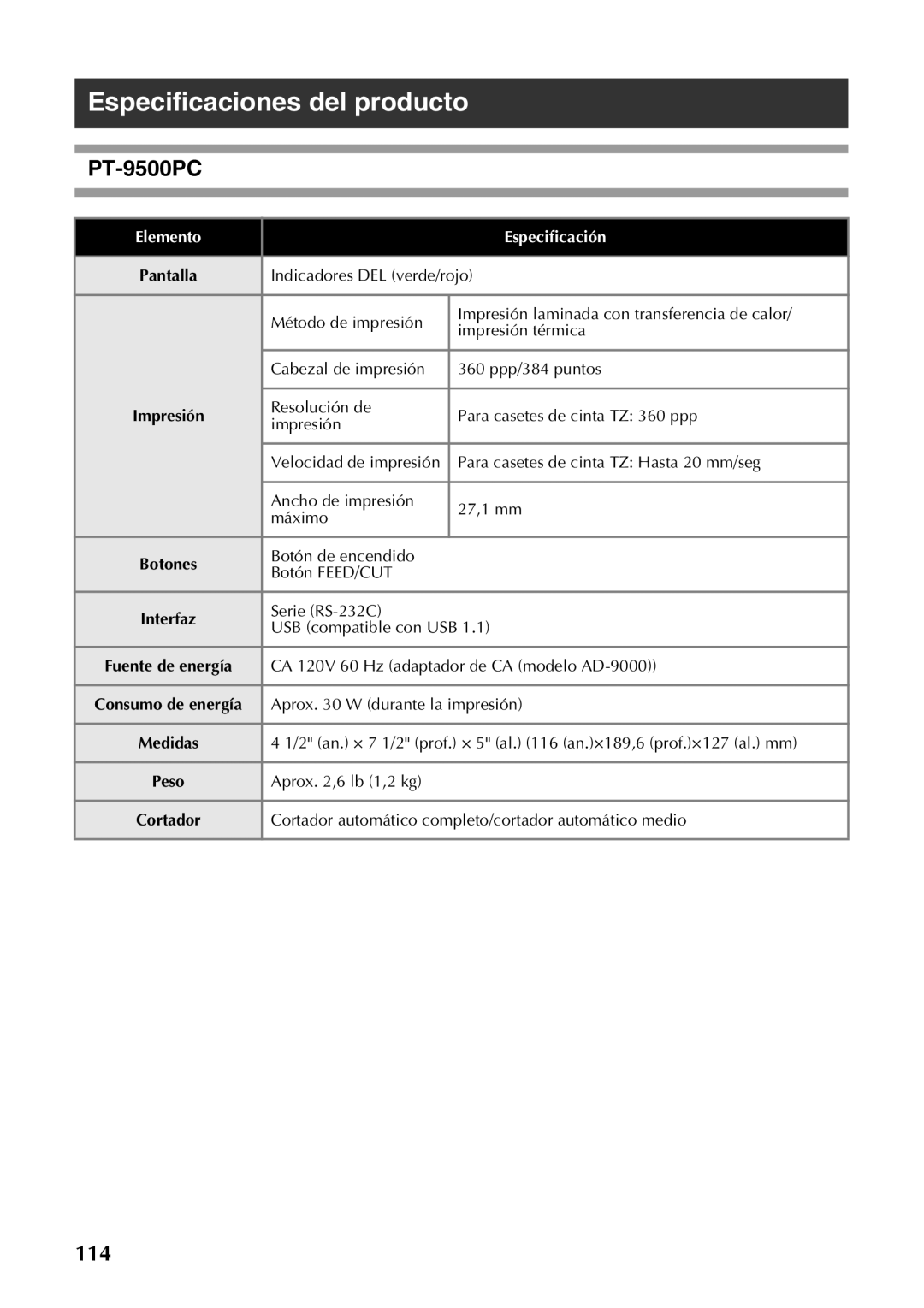 Brother PT-9500PC manual Especificaciones del producto, Elemento Especificación 