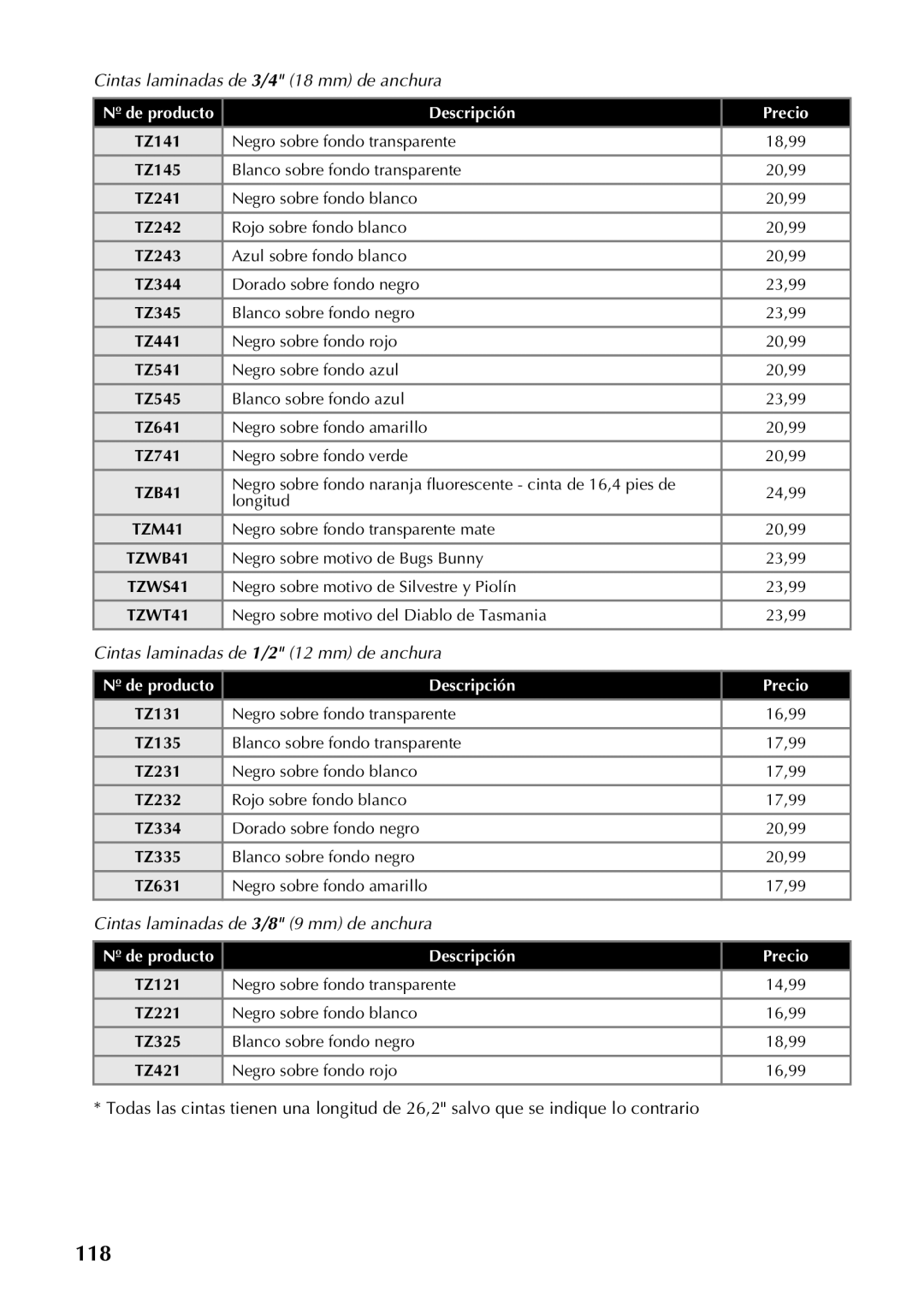 Brother PT-9500PC manual Cintas laminadas de 3/4 18 mm de anchura 