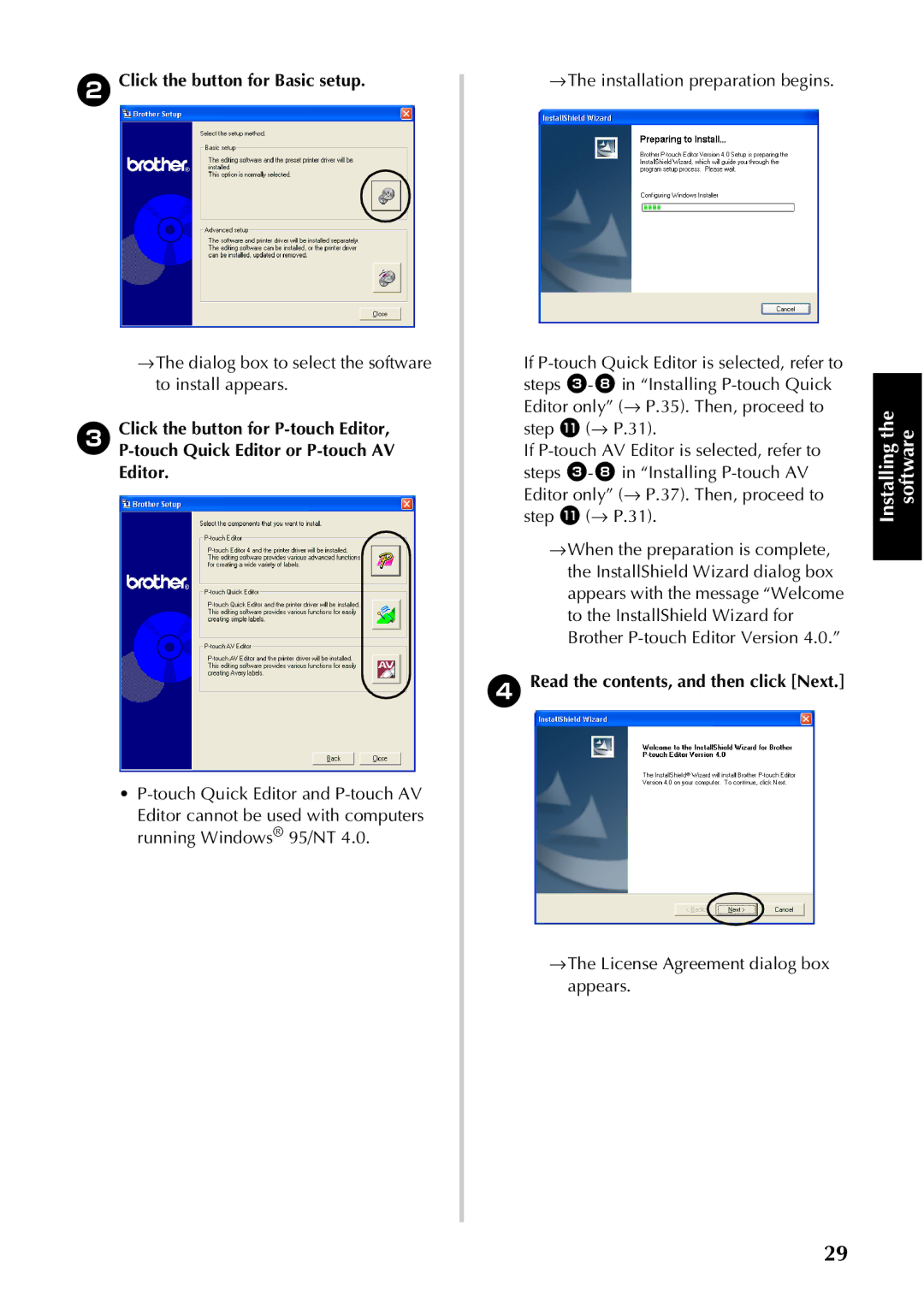 Brother PT-9500PC manual Click the button for Basic setup, →The dialog box to select the software to install appears 