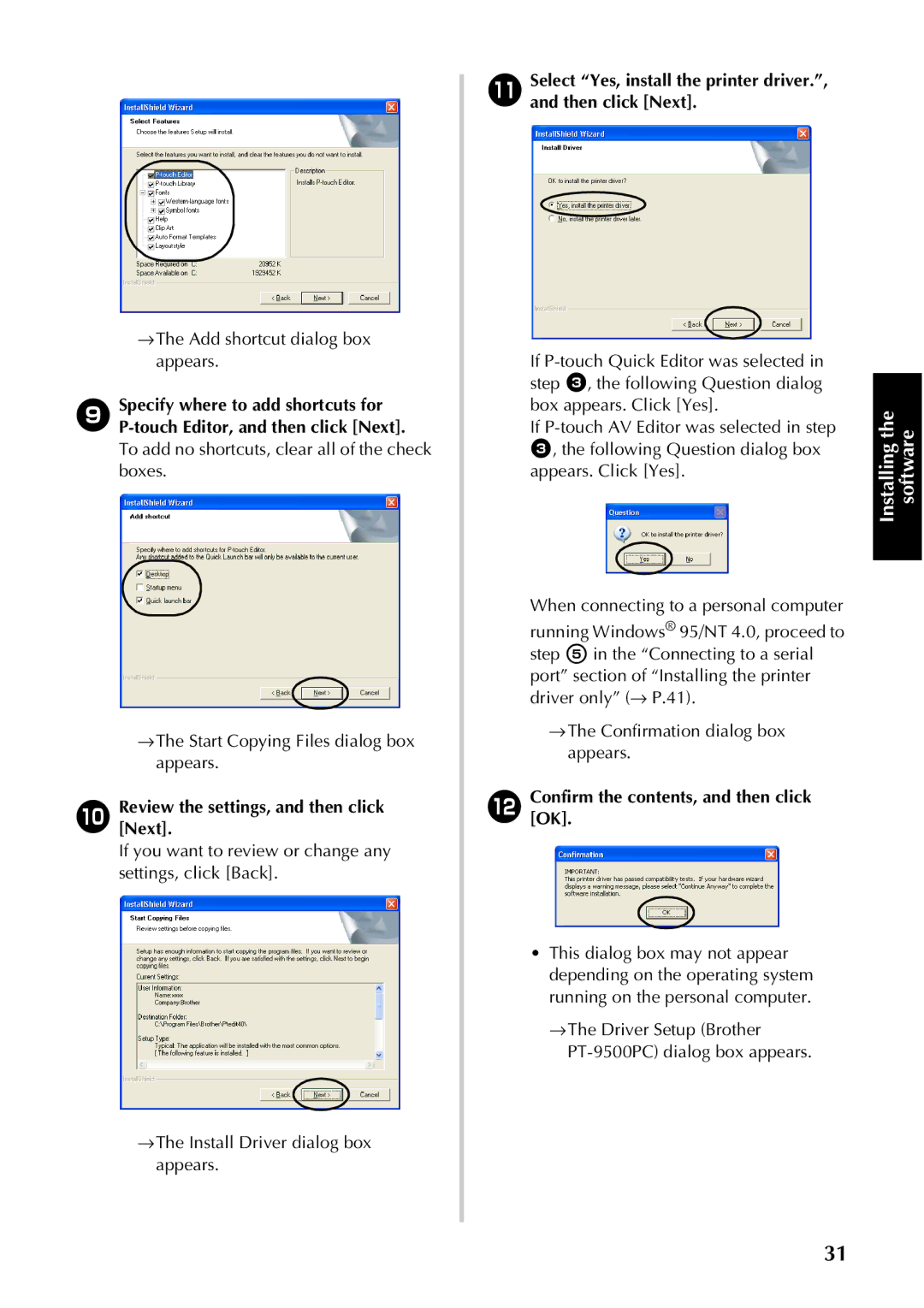 Brother PT-9500PC manual Select Yes, install the printer driver., and then click Next, Confirm the contents, and then click 