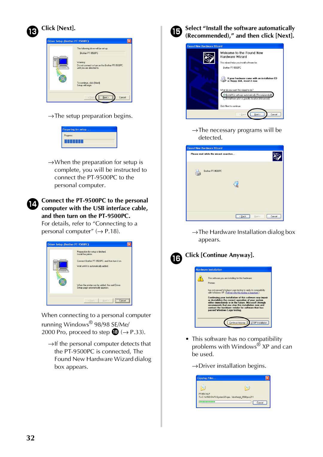 Brother PT-9500PC manual Click Next, Click Continue Anyway 