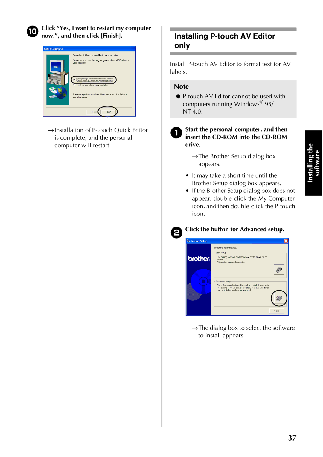 Brother PT-9500PC manual Installing P-touch AV Editor only, → The dialog box to select the software to install appears 