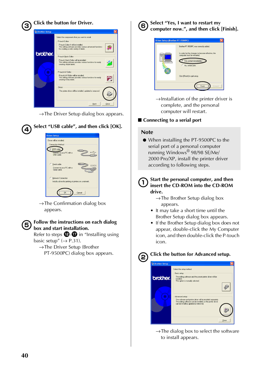 Brother PT-9500PC Click the button for Driver, →The Driver Setup dialog box appears, Select USB cable, and then click OK 