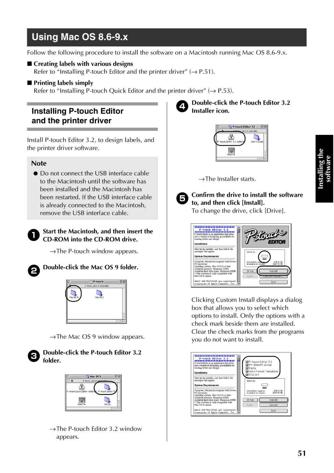 Brother PT-9500PC Using Mac OS, Installing P-touch Editor and the printer driver, Creating labels with various designs 