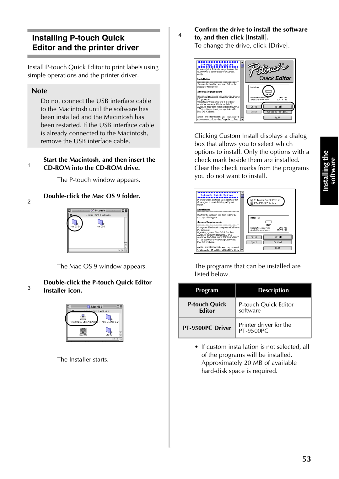 Brother PT-9500PC manual Installing P-touch Quick Editor and the printer driver, →The Installer starts 