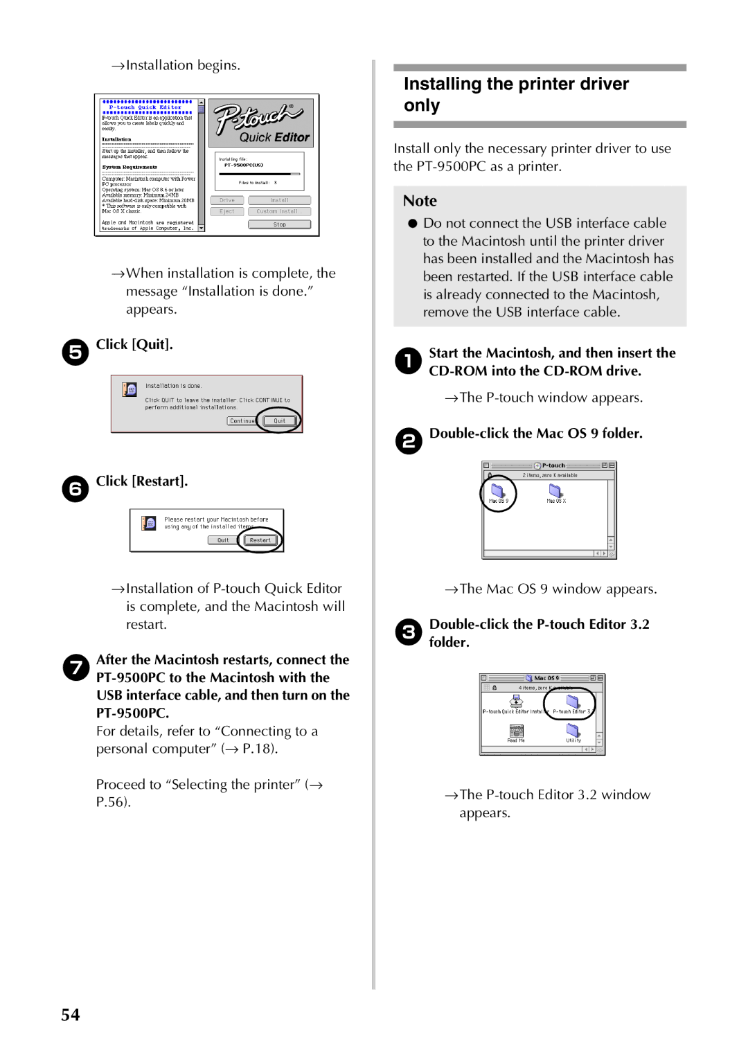 Brother PT-9500PC → The P-touch window appears, → The Mac OS 9 window appears, 3Doublefolder. -click the P-touch Editor 