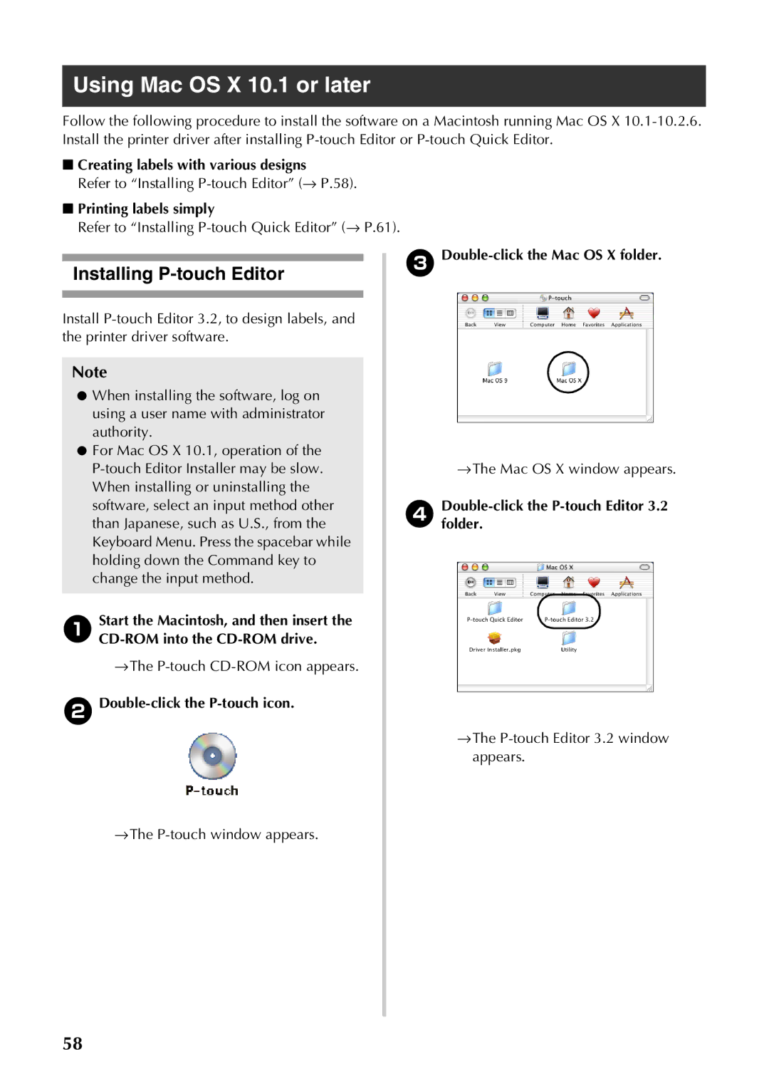 Brother PT-9500PC manual Using Mac OS X 10.1 or later, Installing P-touch Editor, 4Doublefolder. -click the P-touch Editor 