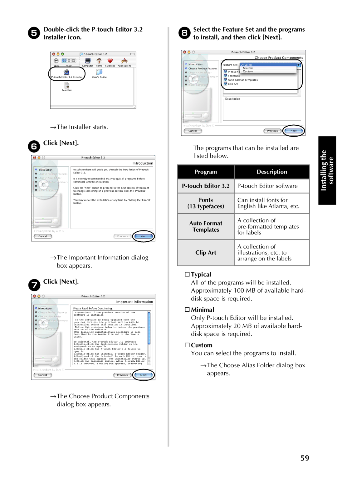 Brother PT-9500PC manual →The Important Information dialog box appears, →The Choose Product Components dialog box appears 