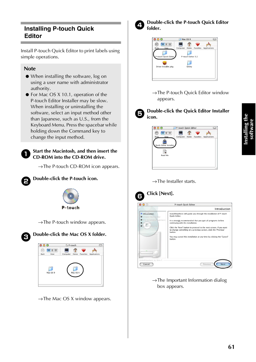 Brother PT-9500PC manual Installing P-touch Quick Editor, Double-click the P-touch icon, →The Mac OS X window appears 