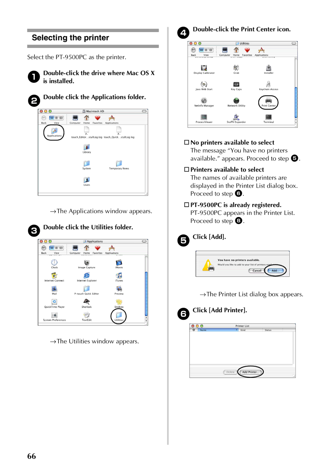 Brother PT-9500PC Double click the Applications folder, Double click the Utilities folder, Printers available to select 