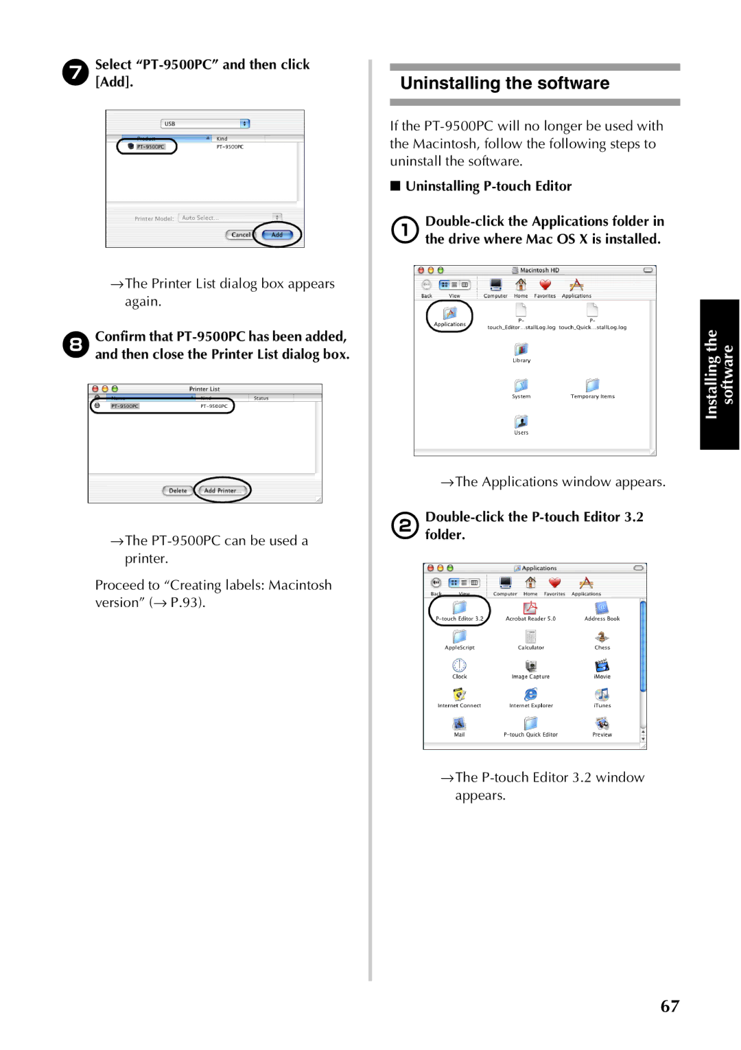 Brother SelectAdd. PT-9500PC and then click, →The Printer List dialog box appears again, Uninstalling P-touch Editor 