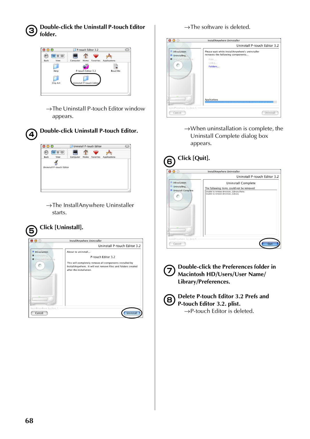 Brother PT-9500PC manual Double-click Uninstall P-touch Editor, Click Uninstall, Click Quit 