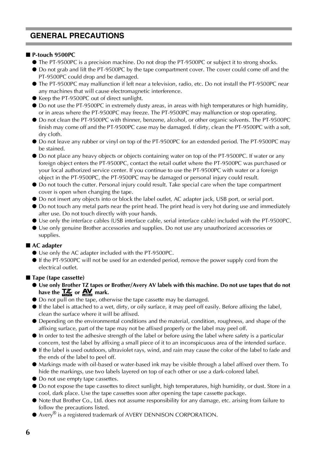 Brother PT-9500PC manual Touch 9500PC, AC adapter, Tape tape cassette 