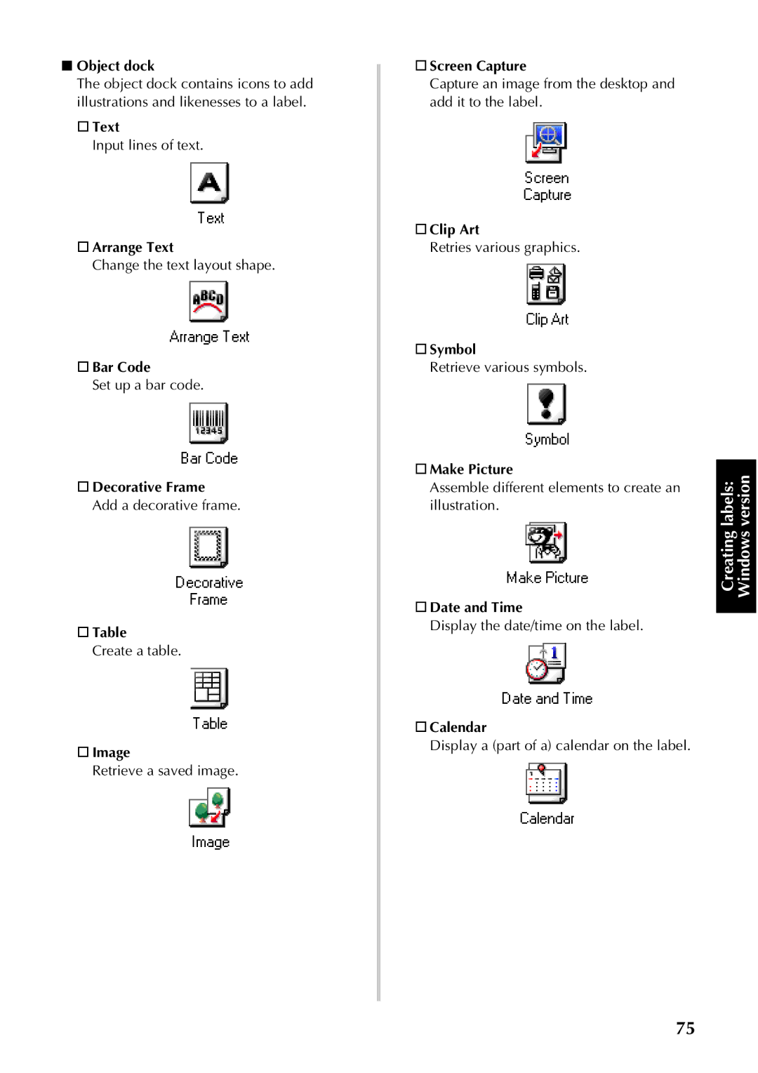 Brother PT-9500PC manual Object dock, Arrange Text, Bar Code, Decorative Frame, Image, Screen Capture, Clip Art, Symbol 