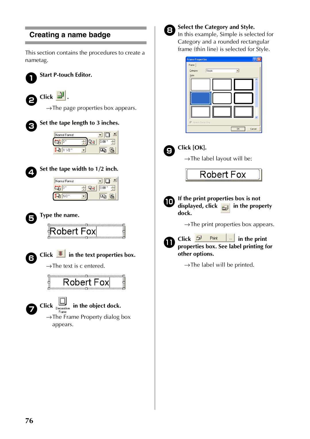 Brother PT-9500PC manual Creating a name badge, Start P-touch Editor Click, 7Click, Select the Category and Style 