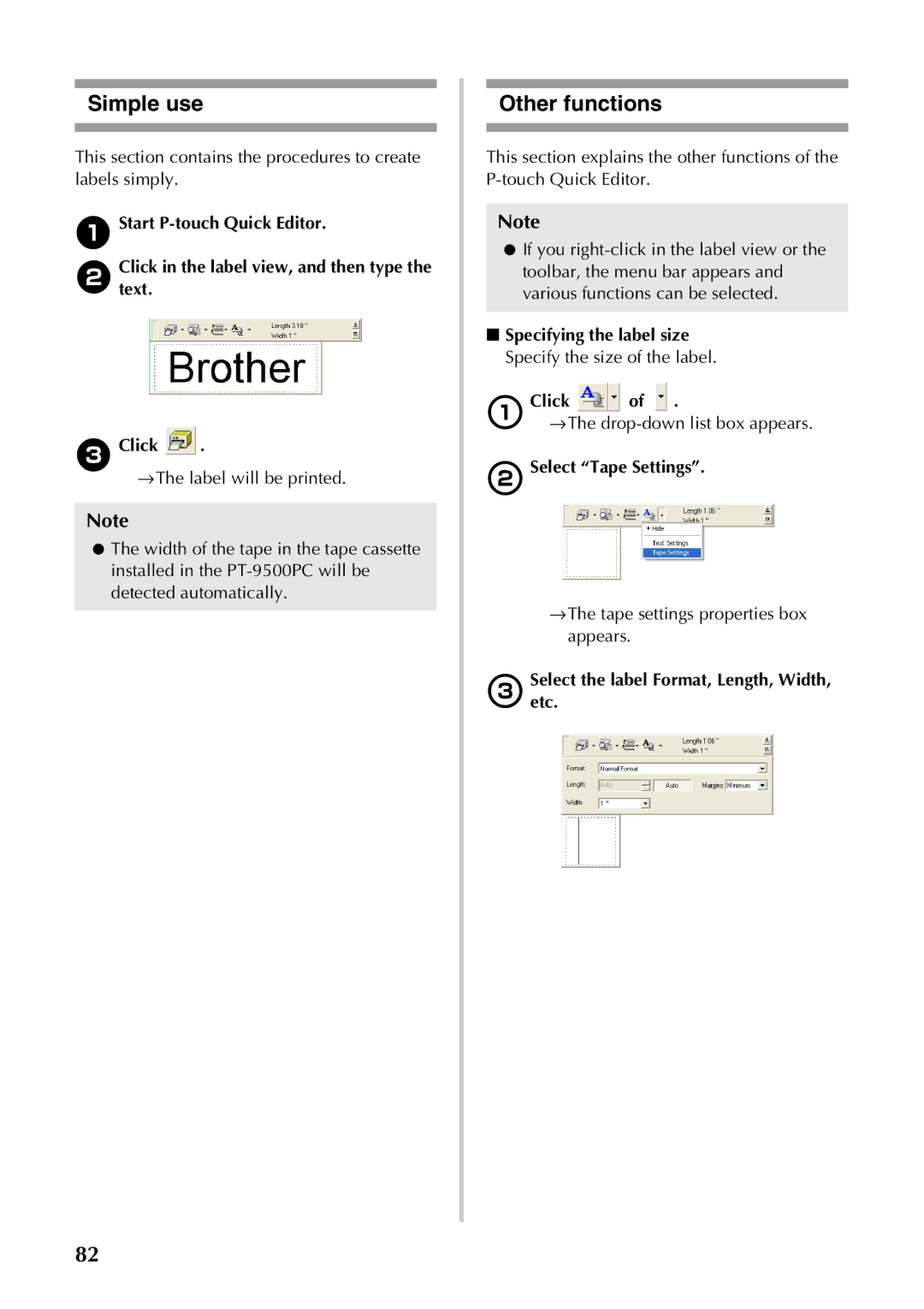 Brother PT-9500PC manual Simple use, Other functions, Start P-touch Quick Editor, Select Tape Settings 