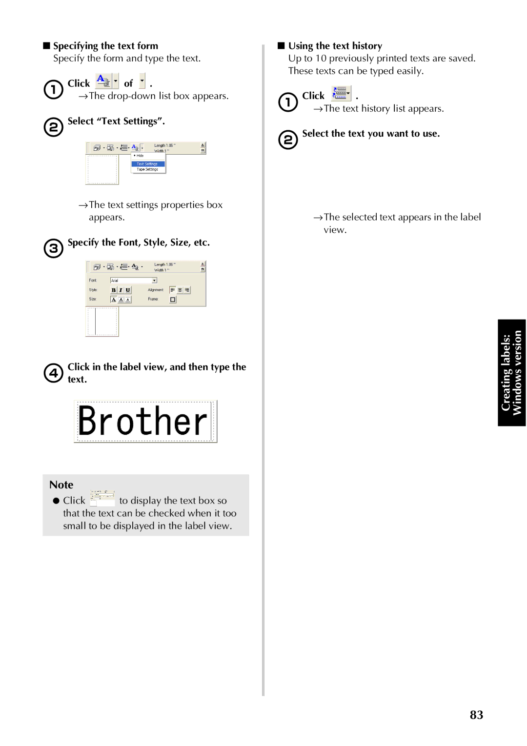 Brother PT-9500PC manual Specifying the text form, Select Text Settings, Specify the Font, Style, Size, etc 