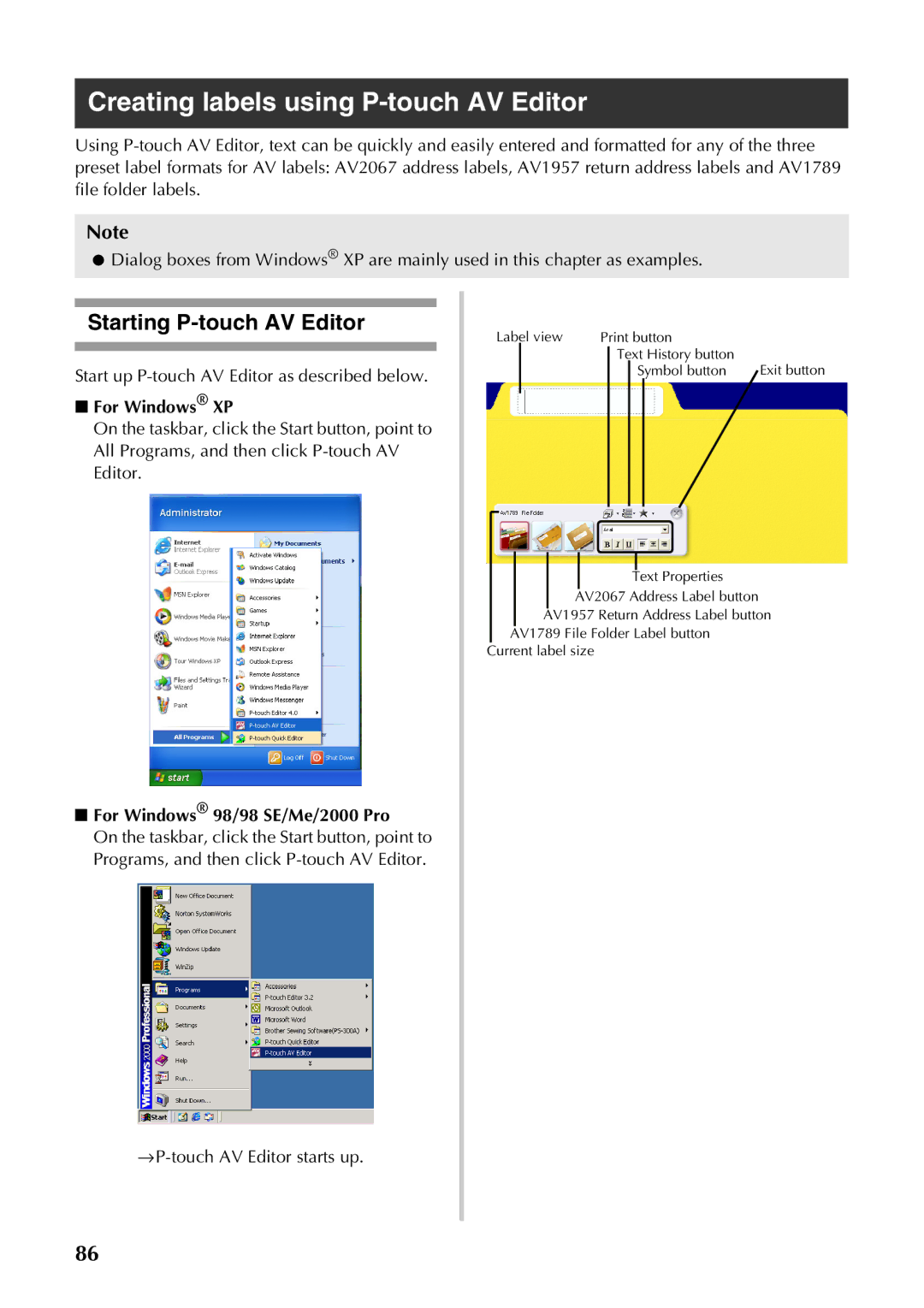 Brother PT-9500PC Creating labels using P-touch AV Editor, Starting P-touch AV Editor, For Windows 98/98 SE/Me/2000 Pro 