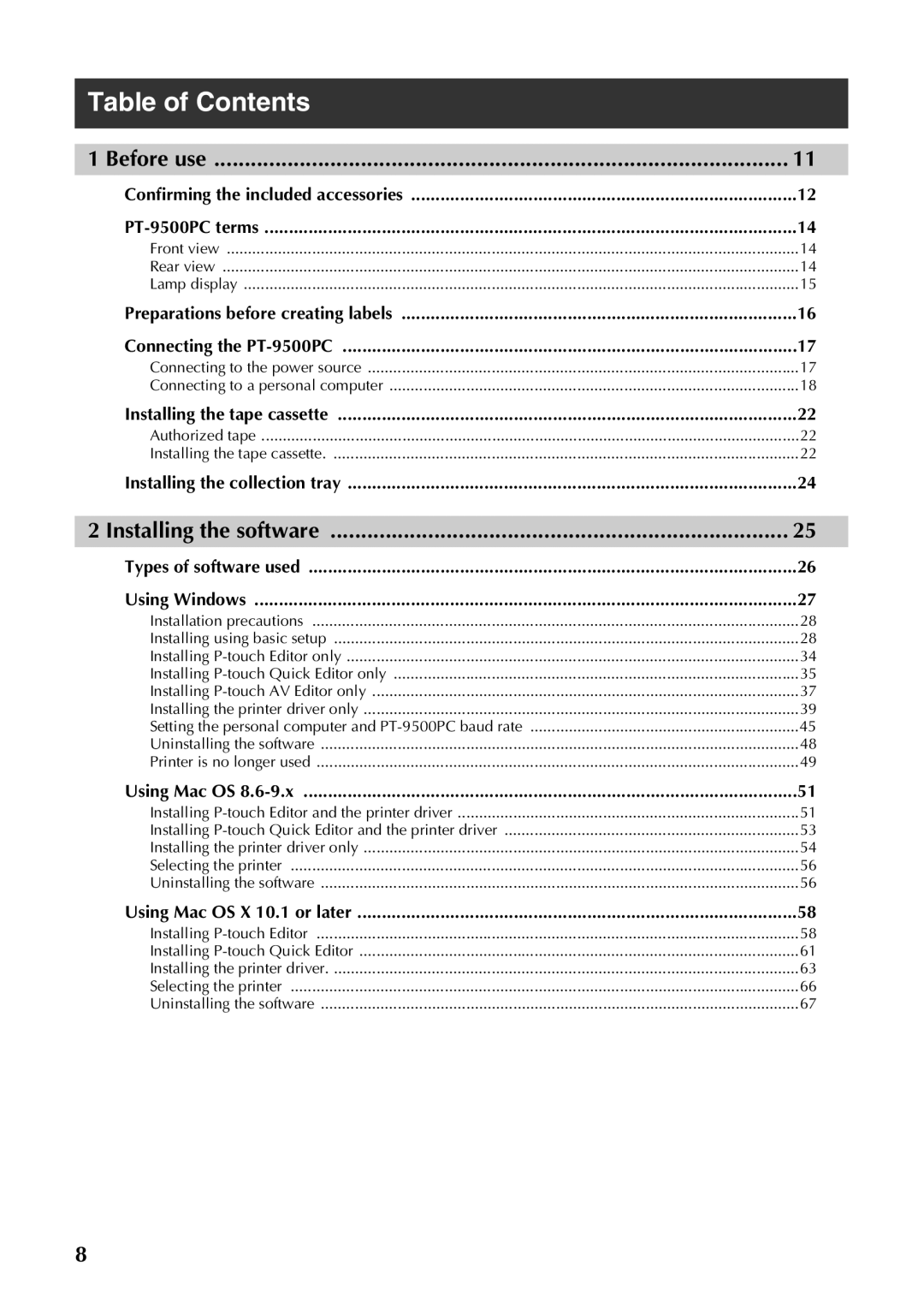 Brother PT-9500PC manual Table of Contents 