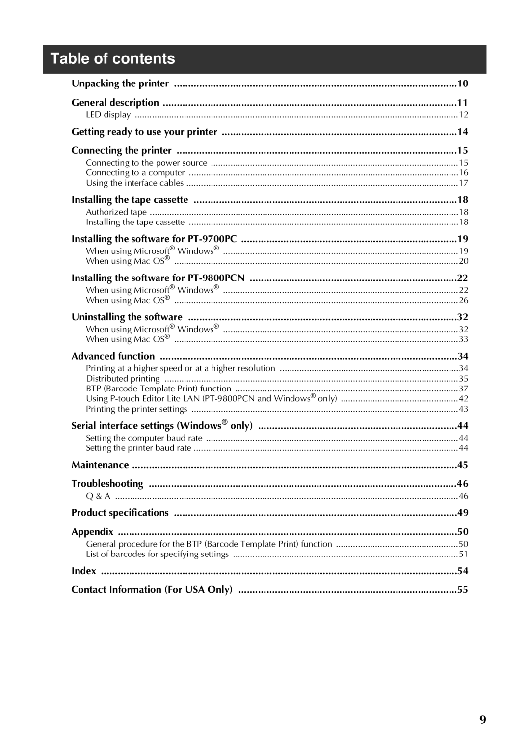 Brother PT-97OOPC manual Table of contents 