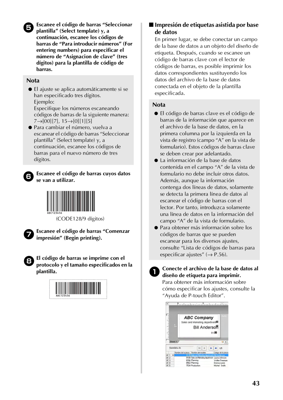 Brother PT-97OOPC manual Impresión de etiquetas asistida por base de datos, CODE128/9 dígitos 